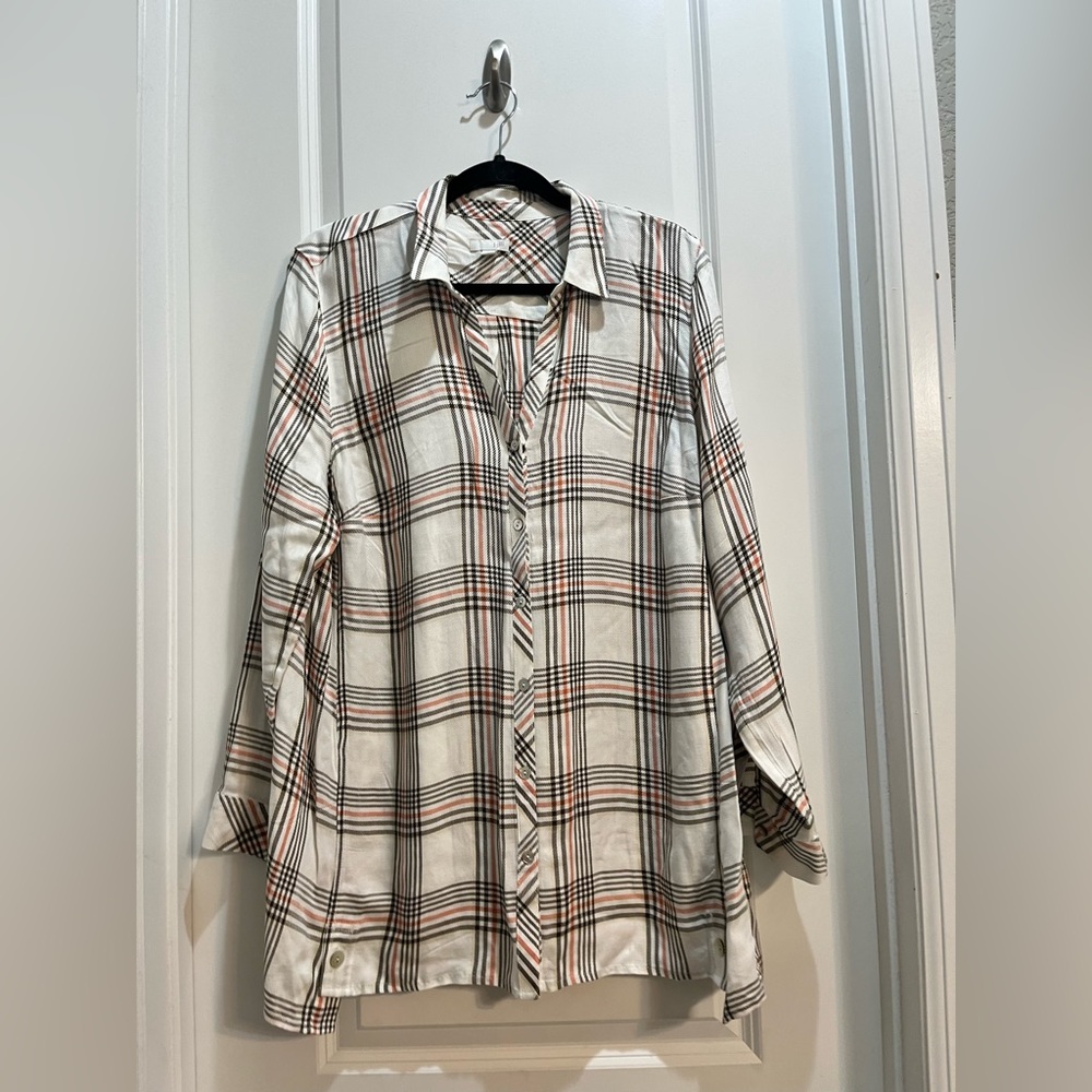 J Jill Button Down Shirt White/brown Plaid LongSleeves Large Armpit To Armpit23”